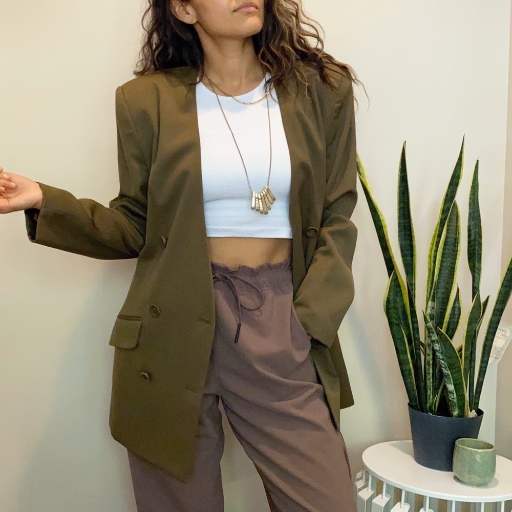 Vintage 90s Oversized Olive Green Wool Double Breasted Blazer Size 8 - Picture 3 of 9
